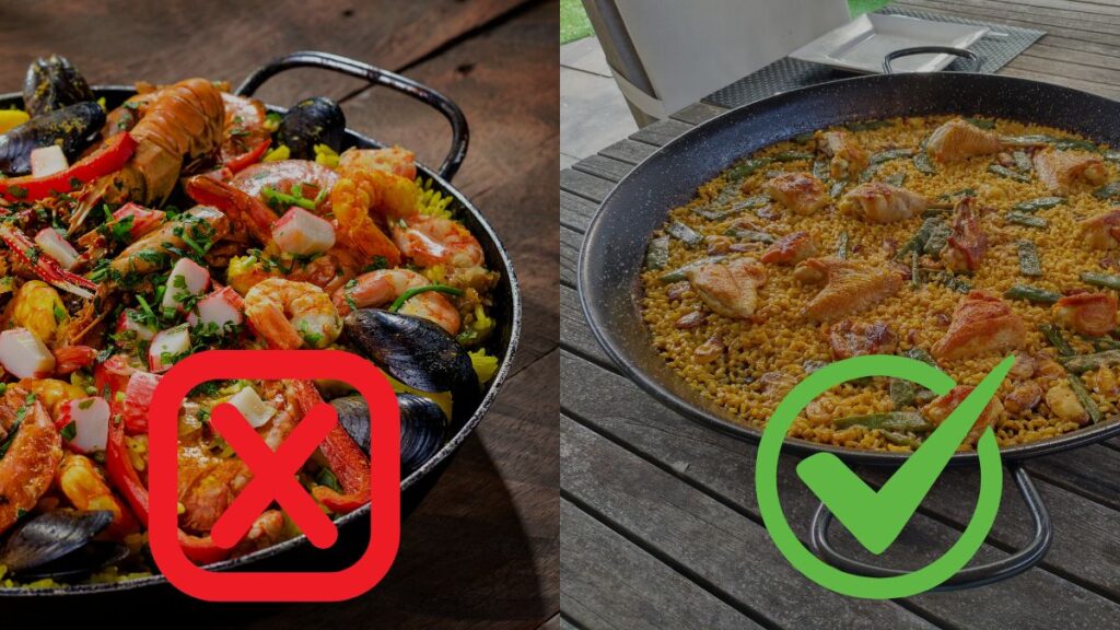 Authentische vs. falsche Paella Vergleich zwischen authentischer Paella Valenciana und einer falschen Paella mit Meeresfrüchten und zu viel Zutaten und Reis.