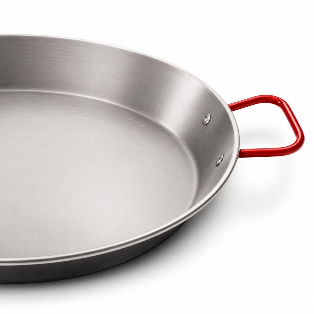 Stahl Paella Pfanne 55 cm mit roten Griffen für 6 bis 8 Personen