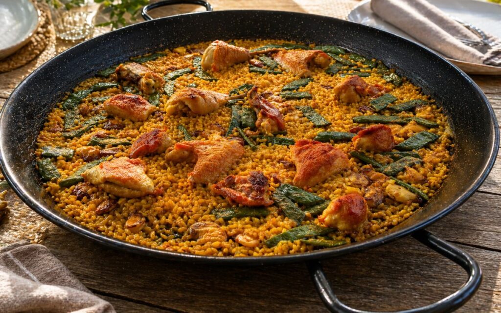 Paella mit Hähnchen in traditioneller Paellapfanne