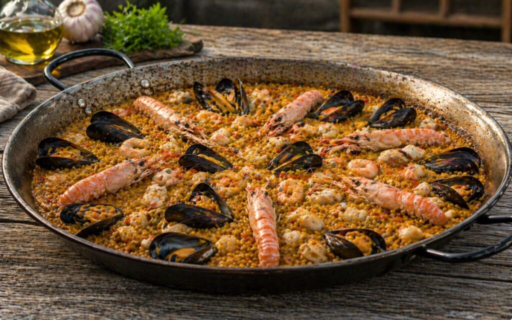 Paella mit Meeresfrüchten mit Garnelen, Langostinos und Muscheln in Paellapfanne
