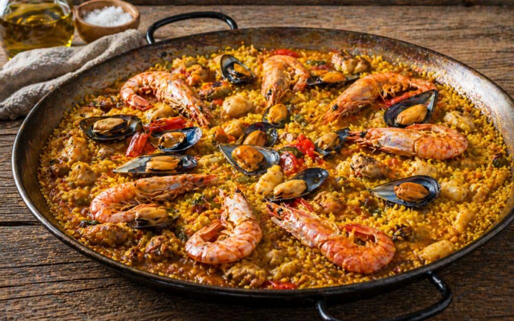 Paella Mixta mit Huhn, Garnelen, Muscheln und Tintenfisch in Paellapfanne