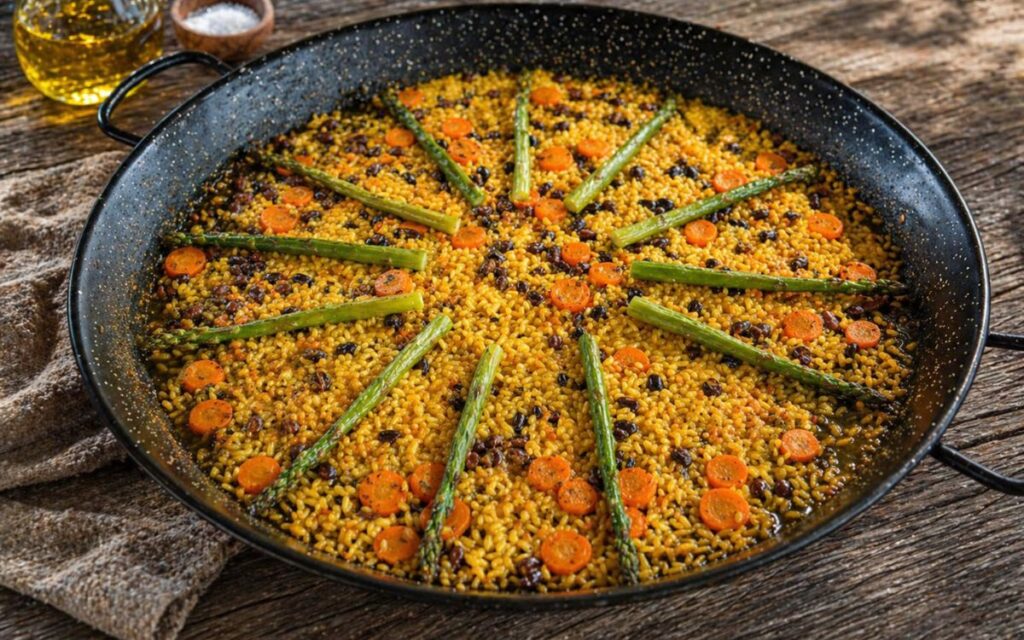 Vegetarische Paella mit grünem Spargel, Karotten und Bohnen in einer traditionellen Paellapfanne